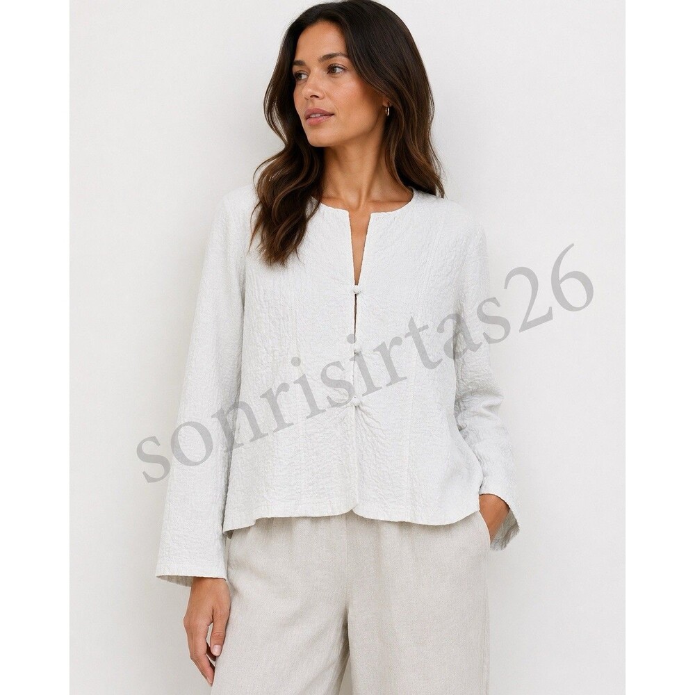 Eileen Fisher Textured Linen Cotton Cardigan M Minimalist Quiet Luxury Coastal